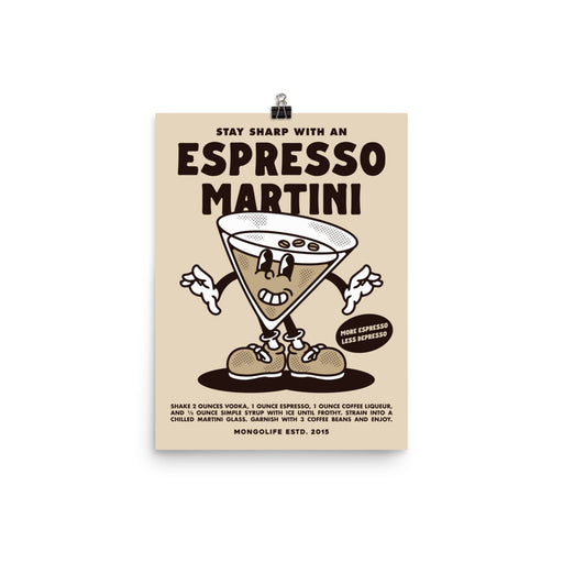 12x16 Espresso Martini poster with a vintage cocktail illustration, perfect for home bar decor or coffee lovers.