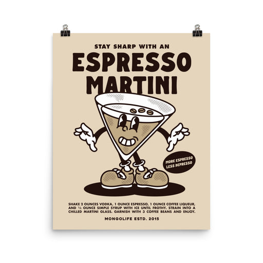 16x20 Espresso Martini poster featuring a fun martini glass character with espresso beans and classic typography.