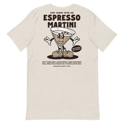 Back view of the Espresso Martini T-shirt in beige, featuring a vintage martini glass cartoon with the phrase "More Espresso, Less Depresso."