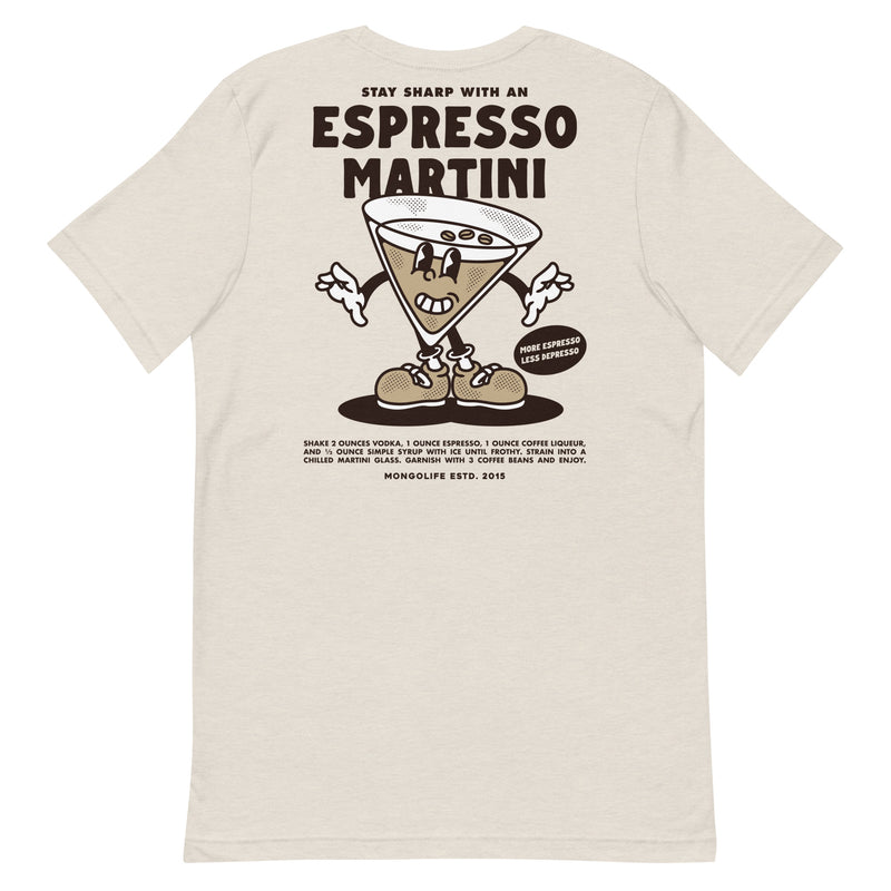 Back view of the Espresso Martini T-shirt in beige, featuring a vintage martini glass cartoon with the phrase "More Espresso, Less Depresso."