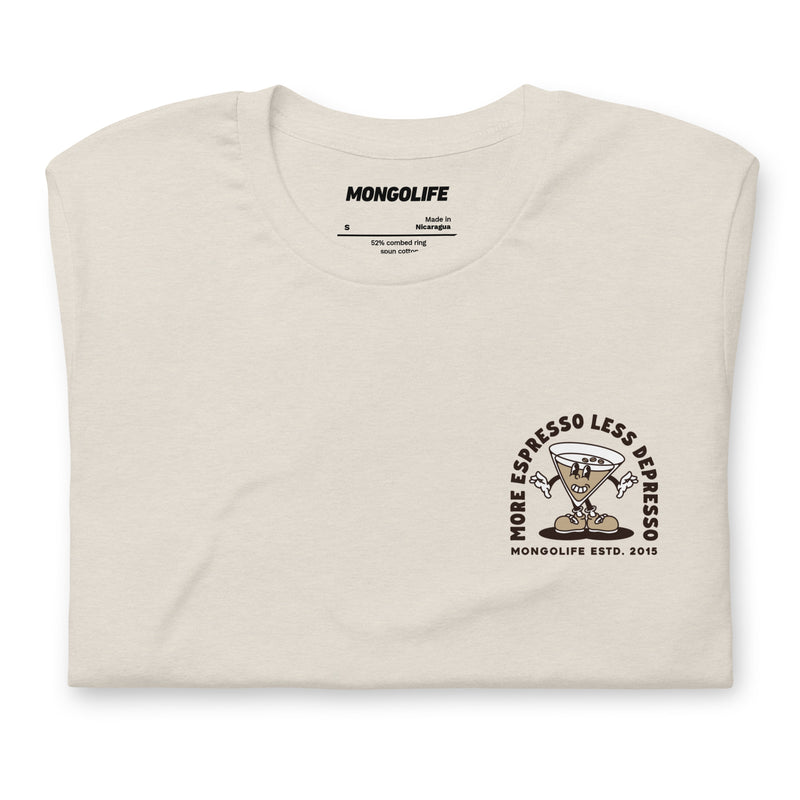 Folded front view of Espresso Martini T-shirt in beige, featuring a martini glass cartoon with the phrase "More Espresso, Less Depresso."