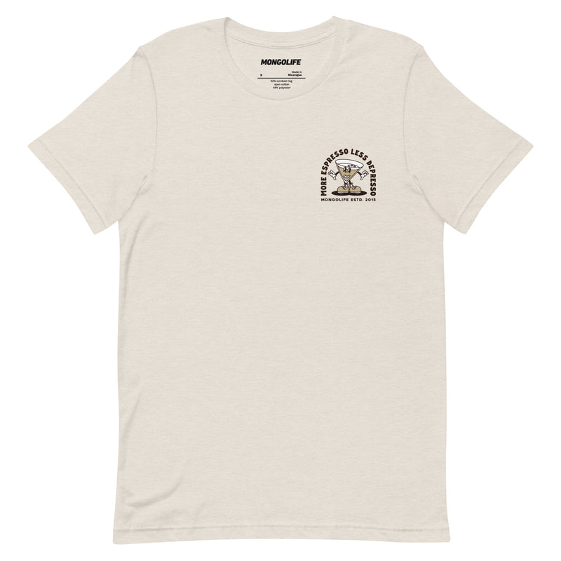 Front view of the Espresso Martini T-shirt in beige, featuring a vintage martini glass cartoon with the phrase "More Espresso, Less Depresso."
