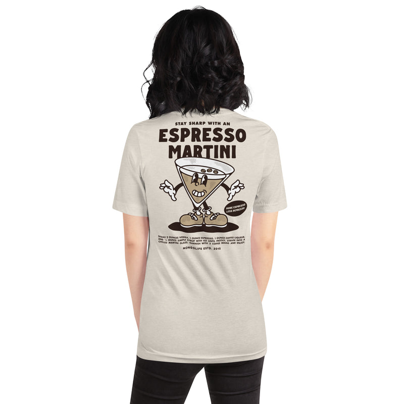 Female model wearing the Espresso Martini T-shirt in beige, showing the back design with a cocktail-inspired illustration.