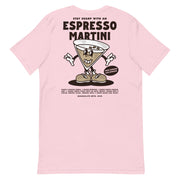 Back view of the Espresso Martini T-shirt in soft pink, featuring a vintage martini glass cartoon with the phrase "More Espresso, Less Depresso."