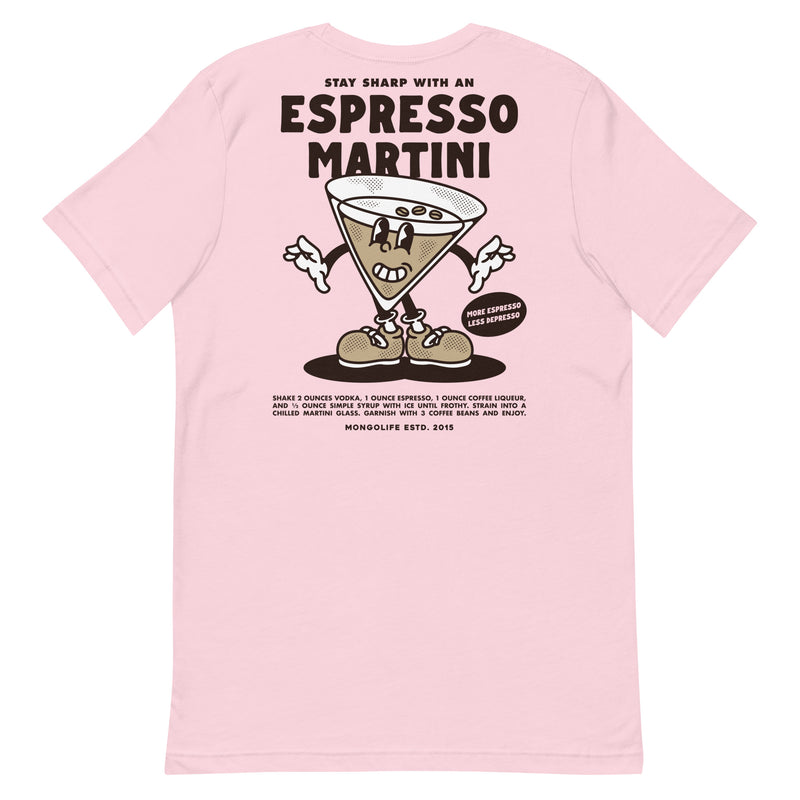 Back view of the Espresso Martini T-shirt in soft pink, featuring a vintage martini glass cartoon with the phrase "More Espresso, Less Depresso."