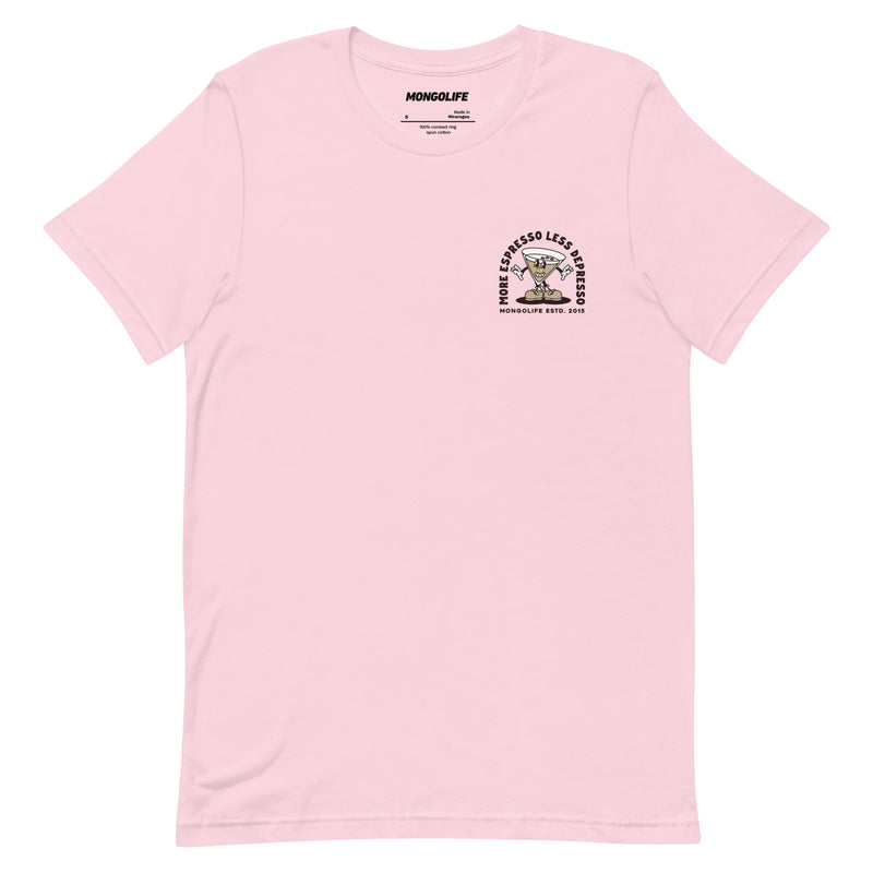 Front view of the Espresso Martini T-shirt in pink, featuring a small left chest print of a cartoon martini glass.