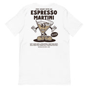White Espresso Martini T-shirt, back view, featuring a retro-style cocktail design with espresso beans.