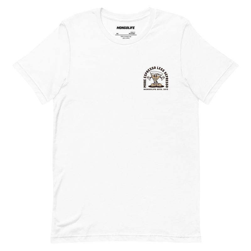 White Espresso Martini T-shirt, front view, featuring a small martini glass cartoon on the left chest.