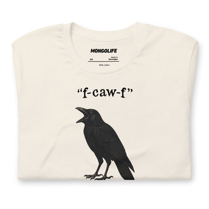 Close‑up detail of crow silhouette and lettering on Vintage White fabric.