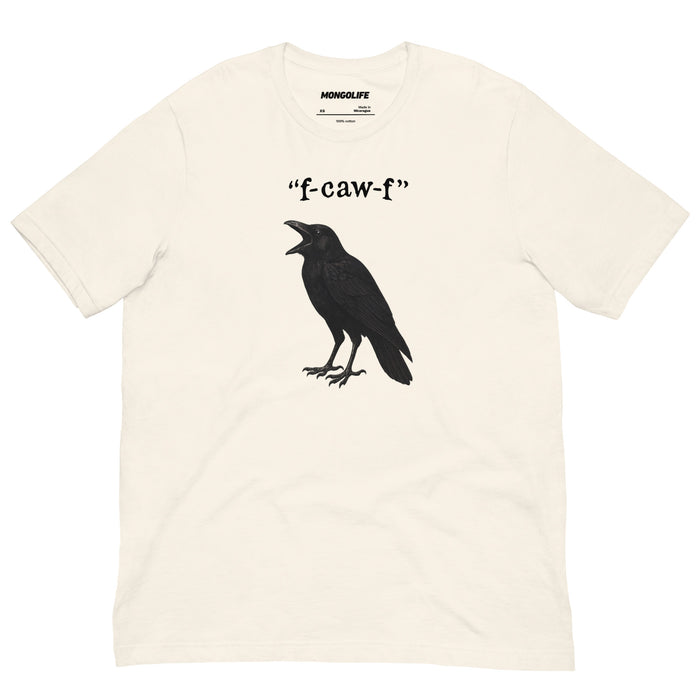 Vintage White t‑shirt showing “F‑caw‑f” crow design—crow silhouette with distressed text.