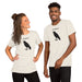 Two models wearing matching Vintage White “F-caw-f” crow pun t-shirts, smiling and posing together.