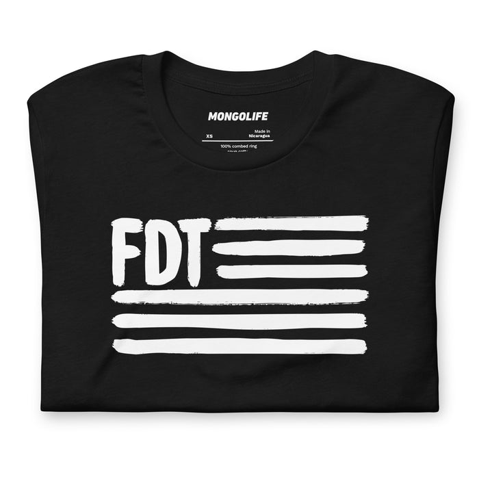 Flat lay of black FDT protest tee with bold white brushstroke print