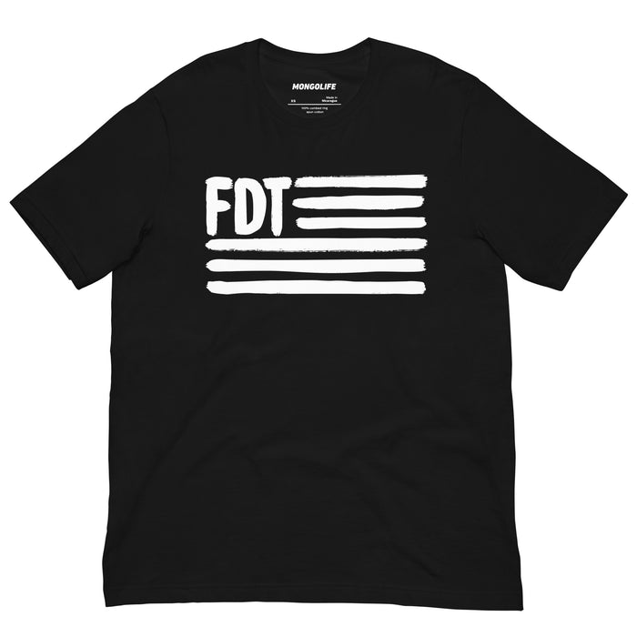 FDT black t-shirt with white US flag-style brushstroke design and protest message