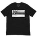 FDT black t-shirt with white US flag-style brushstroke design and protest message