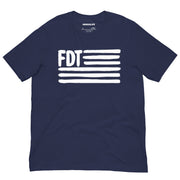 Navy blue FDT protest t-shirt with white flag-inspired anti-Trump design