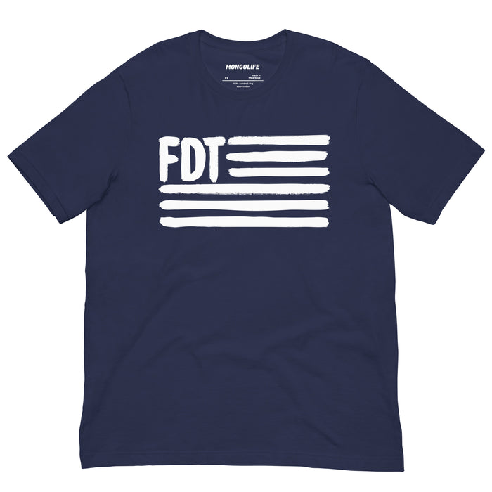 Navy blue FDT protest t-shirt with white flag-inspired anti-Trump design