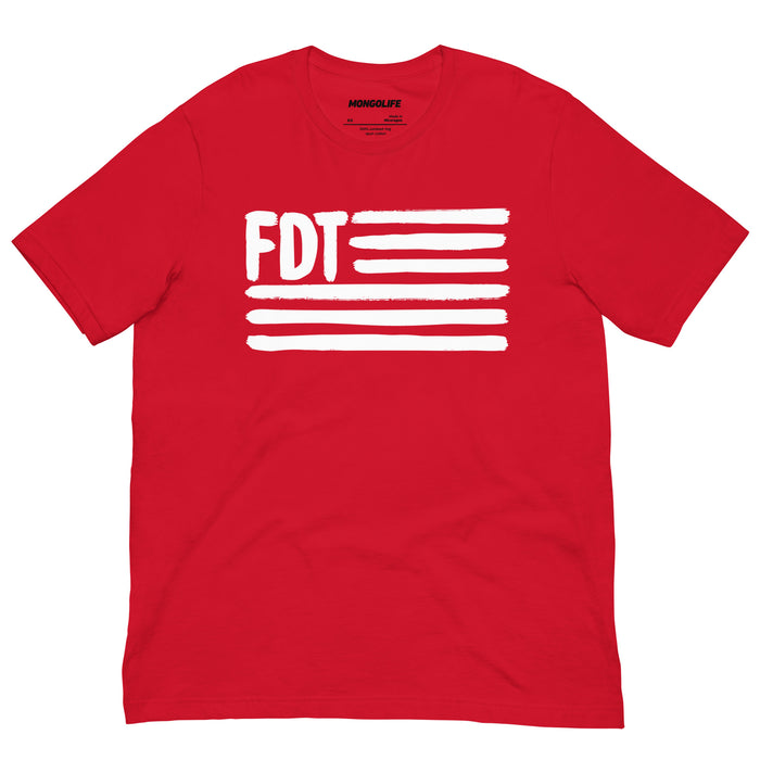 Red FDT t-shirt with hand-drawn white flag lines and protest statement