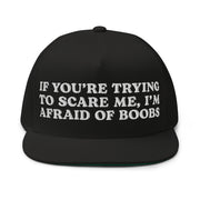 black flat bill snapback cap afraid of boobs embroidered funny crude quote hat
