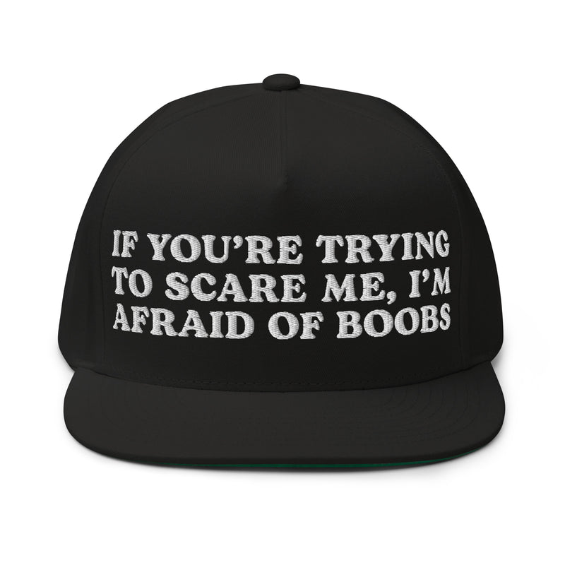 black flat bill snapback cap afraid of boobs embroidered funny crude quote hat