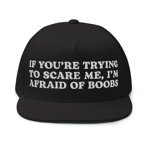 black flat bill snapback cap afraid of boobs embroidered funny crude quote hat