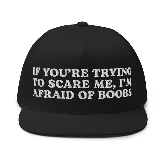 black flat bill snapback cap afraid of boobs embroidered funny crude quote hat
