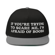 black and grey afraid of boobs flat bill snapback cap white embroidery funny crude quote hat