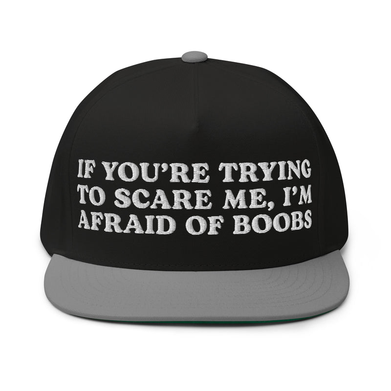 black and grey afraid of boobs flat bill snapback cap white embroidery funny crude quote hat