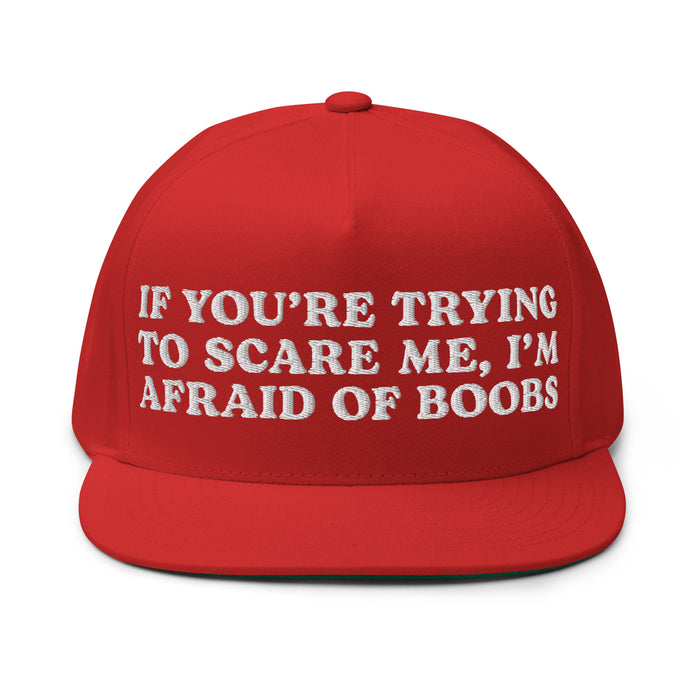 red flat bill snapback cap afraid of boobs embroidered in white funny crude quote hat