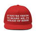 red flat bill snapback cap afraid of boobs embroidered in white funny crude quote hat