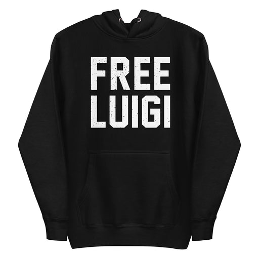 Black FREE LUIGI hoodie with striking distressed white text for a powerful justice-driven design.