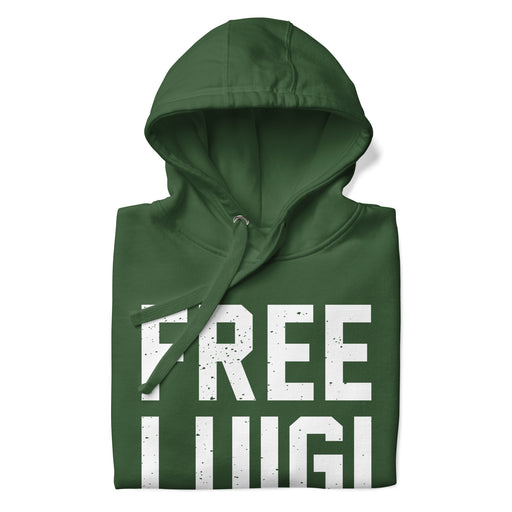 Folded Forest Green FREE LUIGI hoodie highlighting bold, distressed lettering and soft fleece fabric.