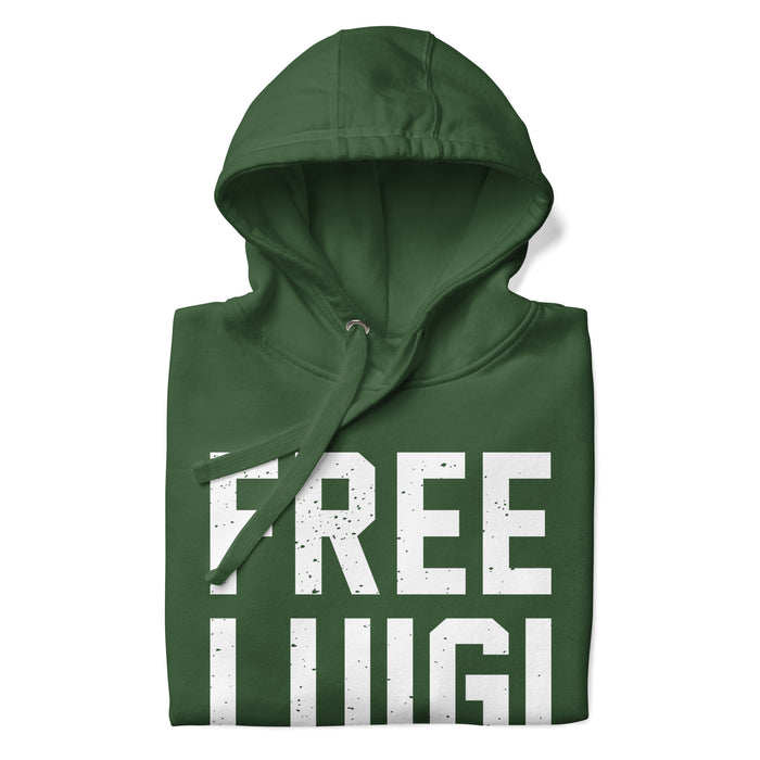 Folded Forest Green FREE LUIGI hoodie highlighting bold, distressed lettering and soft fleece fabric.