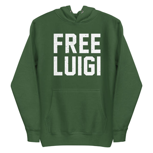 Forest Green FREE LUIGI hoodie featuring bold white grunge-style lettering, perfect for showing solidarity.