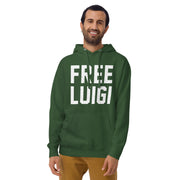 Male model wearing the Forest Green FREE LUIGI hoodie, styled casually to showcase the bold justice design.