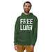 Male model wearing the Forest Green FREE LUIGI hoodie, styled casually to showcase the bold justice design.