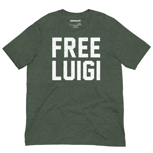 Heather Forest FREE LUIGI T-shirt featuring bold, distressed white lettering in a grunge style.