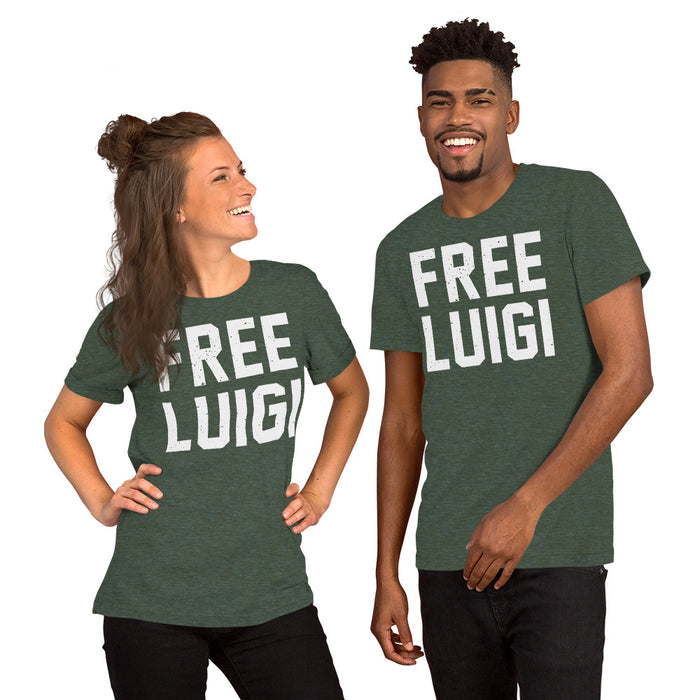 Male and female models wearing the Heather Forest FREE LUIGI T-shirt, standing together to highlight the unisex design and solidarity message.