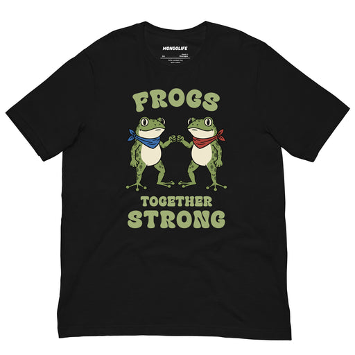 Black t-shirt featuring two cartoon frogs wearing red and blue bandanas with the phrase “Frogs Together Strong” in green bold text.