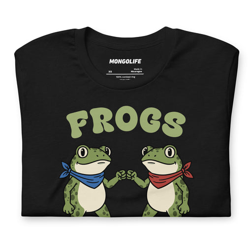 Folded black t-shirt showing the full “Frogs Together Strong” graphic with fist-bumping frogs and chunky lettering.