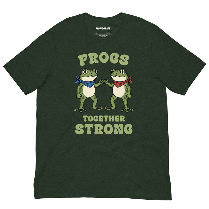 Emerald green t-shirt with “Frogs Together Strong” design, featuring two frogs in bandanas fist-bumping below bold text inspired by Portland, OR.