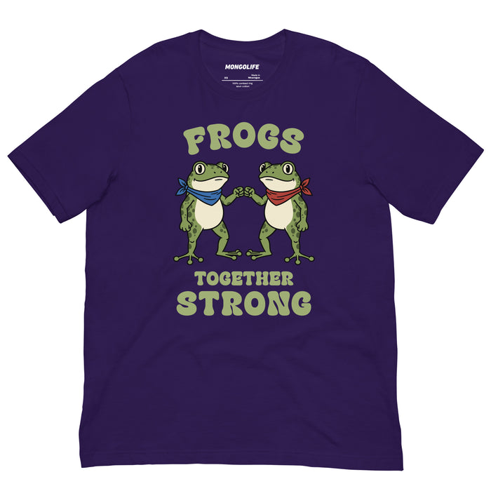 Team purple t-shirt displaying the “Frogs Together Strong” artwork with two frogs and solidarity-themed message inspired by Portland, OR.