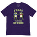 Team purple t-shirt displaying the “Frogs Together Strong” artwork with two frogs and solidarity-themed message inspired by Portland, OR.