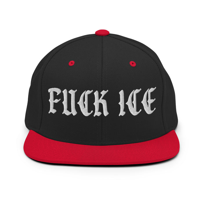 front view of Fuck ICE snapback in black with red brim
