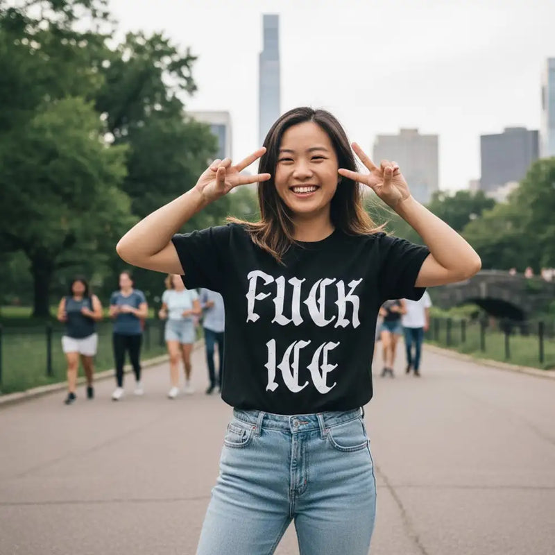 t-shirt with "Fuck ICE" design, political