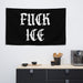“Fuck ICE” flag displayed on a wall above a modern kitchen shelf