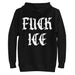 black fuck ice hoodie with bold white protest print in gothic old english font anti ice political hoodie