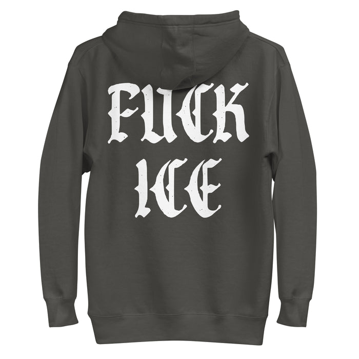 grey activist hoodie with white fuck ice print political protest hoodie anti immigration enforcement