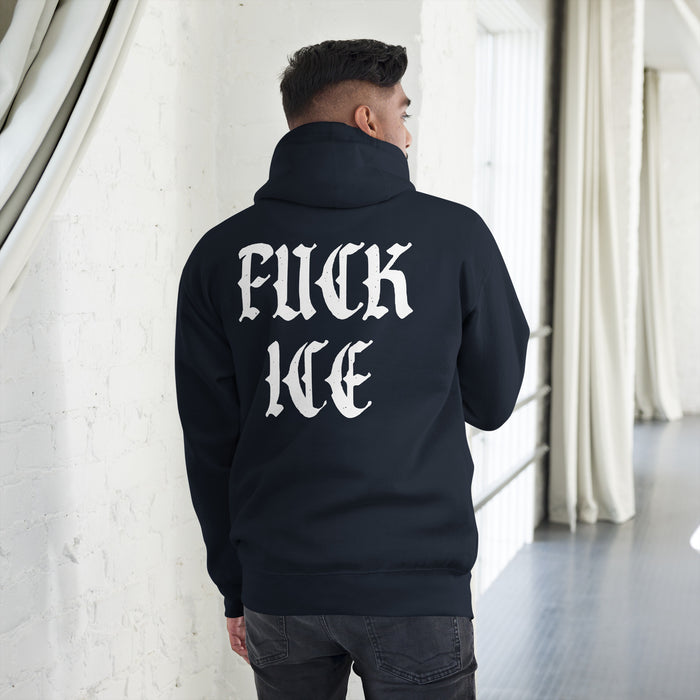 man wearing black fuck ice hoodie anti ice political streetwear outfit for protest and activism