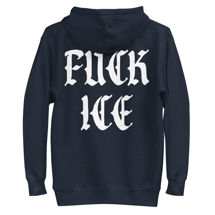 navy blue fuck ice hoodie with bold white anti ice print abolitionist statement sweatshirt