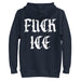 navy blue fuck ice hoodie with bold white anti ice print abolitionist statement sweatshirt
